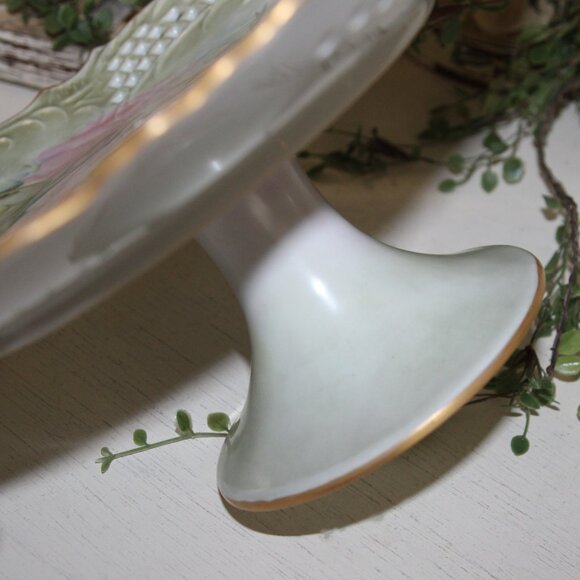 VTG Shabby Chic French Gold Trimmed Pink Floral Cake Plate Pastry Stand Riser - Picture 7 of 8